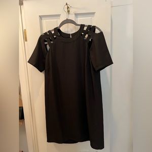 Lulu’s black mini shift dress with shoulder cut-out details